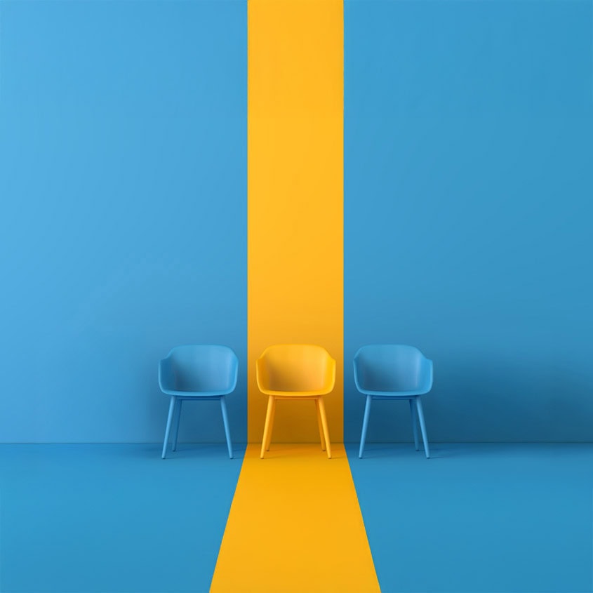 Three chairs against a blue background with a yellow strip and yellow chair in the middle with blue chairs on either side.